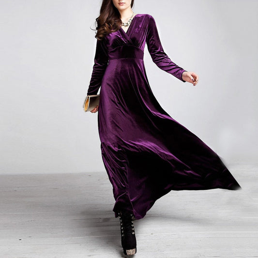 Amy Fashion - V Neck Pleated Velvet Banquet Maxi Dress