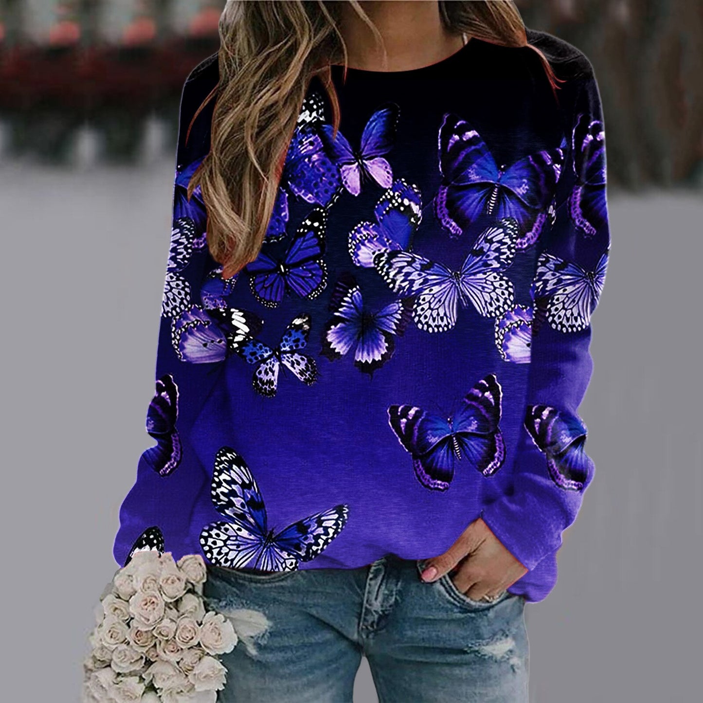 Sequins Butterfly 3d Printed O Neck Long Sleeve Sweatshirt