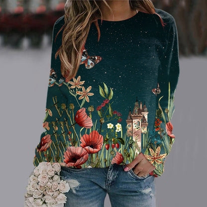 Sequins Butterfly 3d Printed O Neck Long Sleeve Sweatshirt