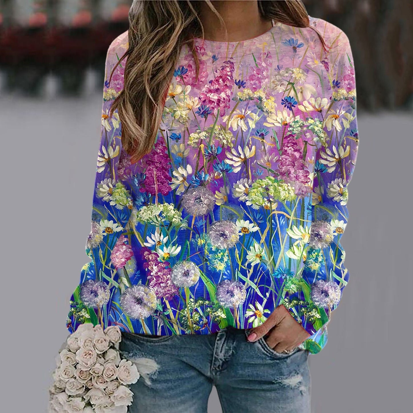 Sequins Butterfly 3d Printed O Neck Long Sleeve Sweatshirt