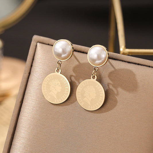 14K Gold Elegant Pearl Relief Portrait Coin Earrings