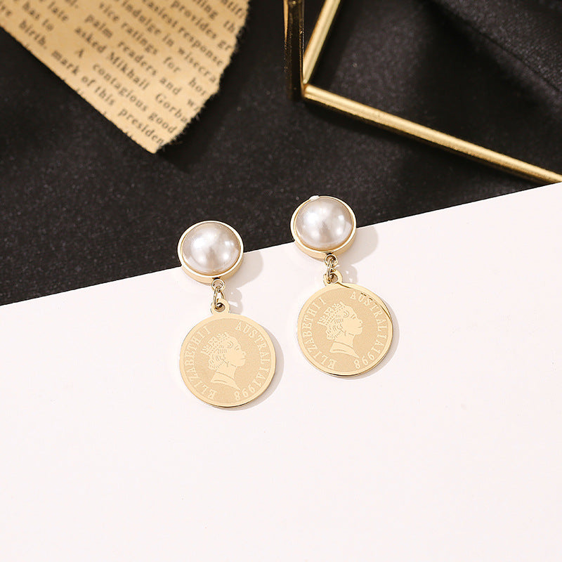 14K Gold Elegant Pearl Relief Portrait Coin Earrings