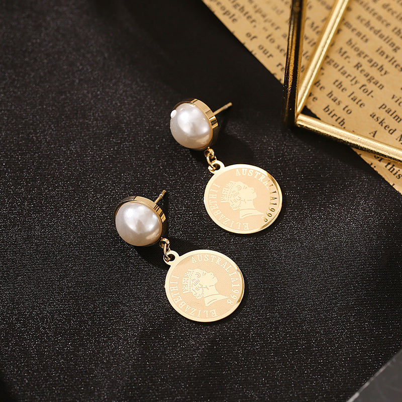 14K Gold Elegant Pearl Relief Portrait Coin Earrings